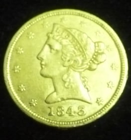 1843 US Gold Half Eagle $5 Coin, 90% Pure Gold: