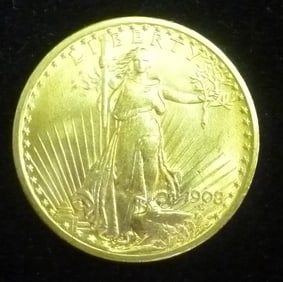 1908 St. Gaudens $20 Gold Piece, 90% One Ounce Coin: