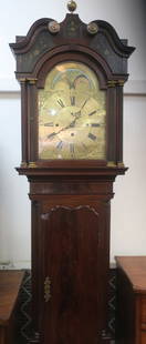 THOMAS ARMSTRONG MANCHESTER, 19th C. Tall Case Clock:: THOMAS ARMSTRONG MANCHESTER, 19th C. Tall Case Clock: Brass Single Finial on Full Bonnet, Hand Painted with Wildflowers. Brass Clock Face with Makers Name and Roman Numbers, Moon Dial is Well Painted.