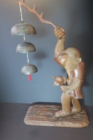 Carved Wooden Monkey with Temple Bells, 31 1/2"T:
