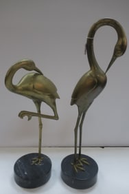 Two Cast Brass Heron Figures on Marble Bases: