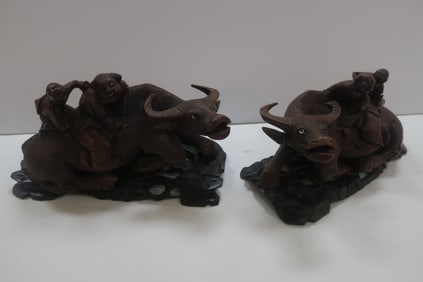 Pair of Asian Hand Carved Water Buffalos with Figures: