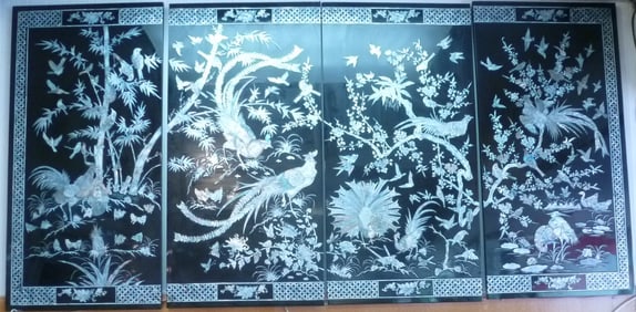 Large Asian Four Panel Mother of Pearl Wall Screen: