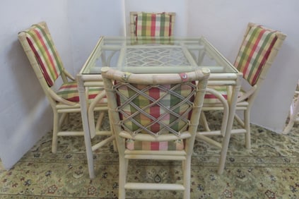 Rattan Glass Top Dinette Table and Four Chairs: