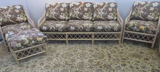 Four Pieces of Rattan Upholstered Furniture: