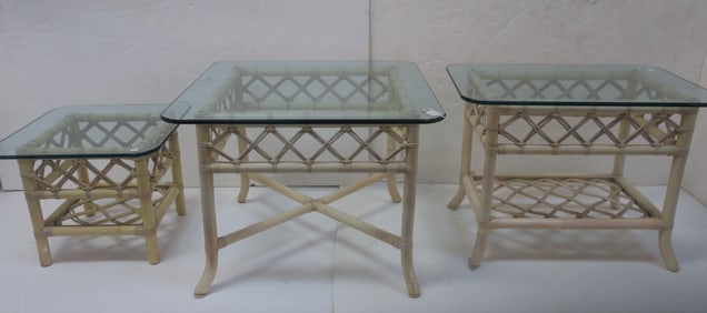 Three Rattan Glass Topped Tables: