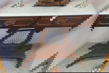 Marble-top Lyre Based Two Drawer Console Table: