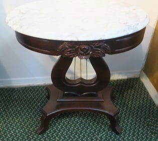 Mahogany Finish Lyre Based Marble Top Table: