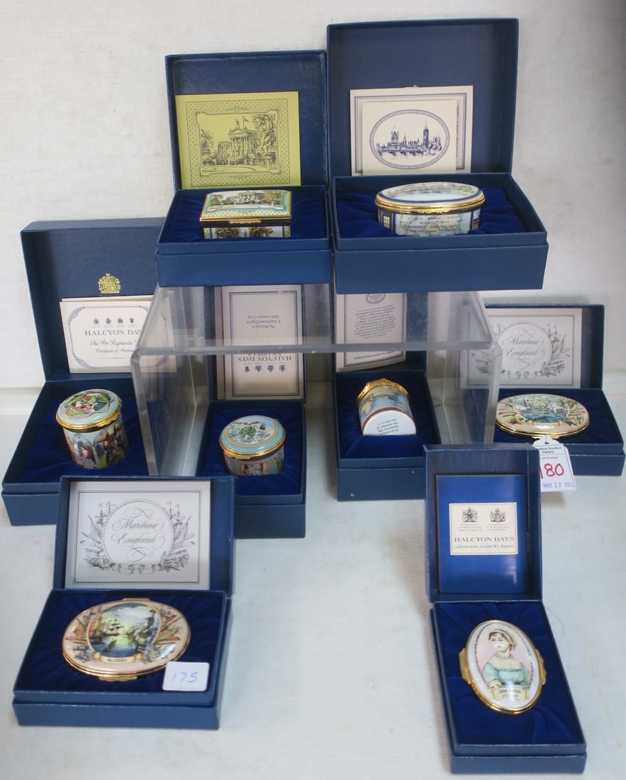 Eight Assorted Halcyon Days Enamel Boxes:: Eight Assorted Halcyon Days Enamel Boxes: With Original Boxes. Includes 60th Anniversary of Amy Johnson's Solo Flight 176/300, Jane Austin, The Pre-Raphaelite Box 334/500, Hans Christian Anderson Fair