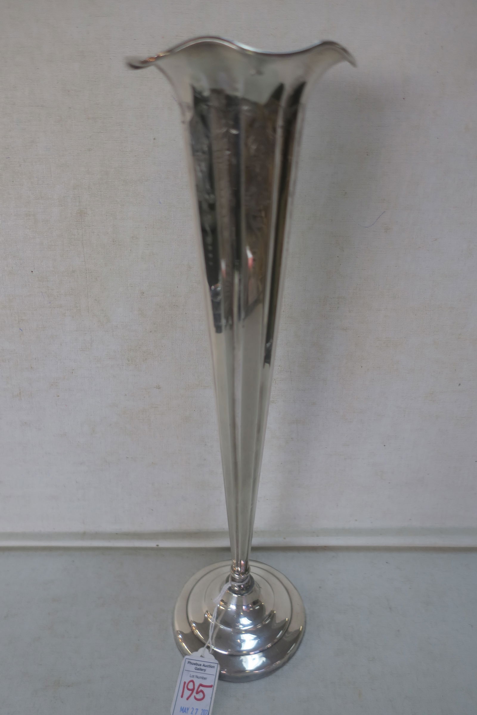 J WAGNER & SON Sterling Trumpet Vase:: J WAGNER & SON Sterling Trumpet Vase: Manufacturers of Sterling Silver Hollowware Ca 1909-1965. Tapering Vase has Ruffled Rim and Engraving at Top. Weighted Base. Small Wrinkle and Crack at Bottom Whe