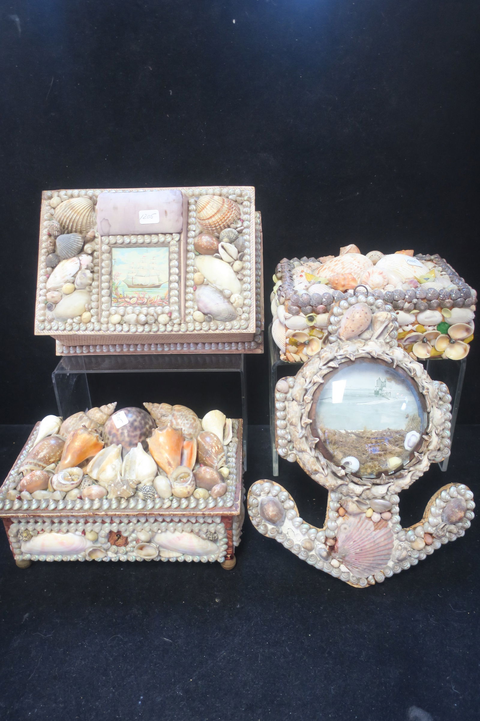 Three Victorian Sailors Shell Boxes & Anchor Plaque: (1 of 8)