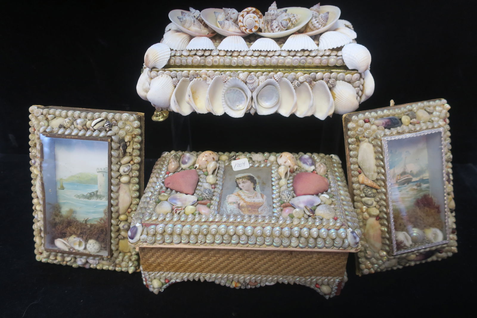 Two Victorian Sailors Shell Art Boxes and Two Plaques: (1 of 9)