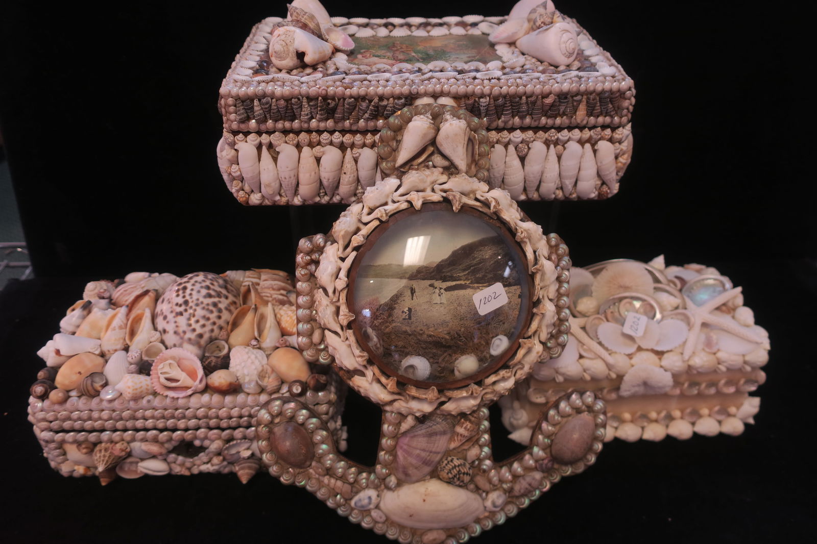 Three Victorian and Newer Shell Art Boxes and Plaque: (1 of 8)