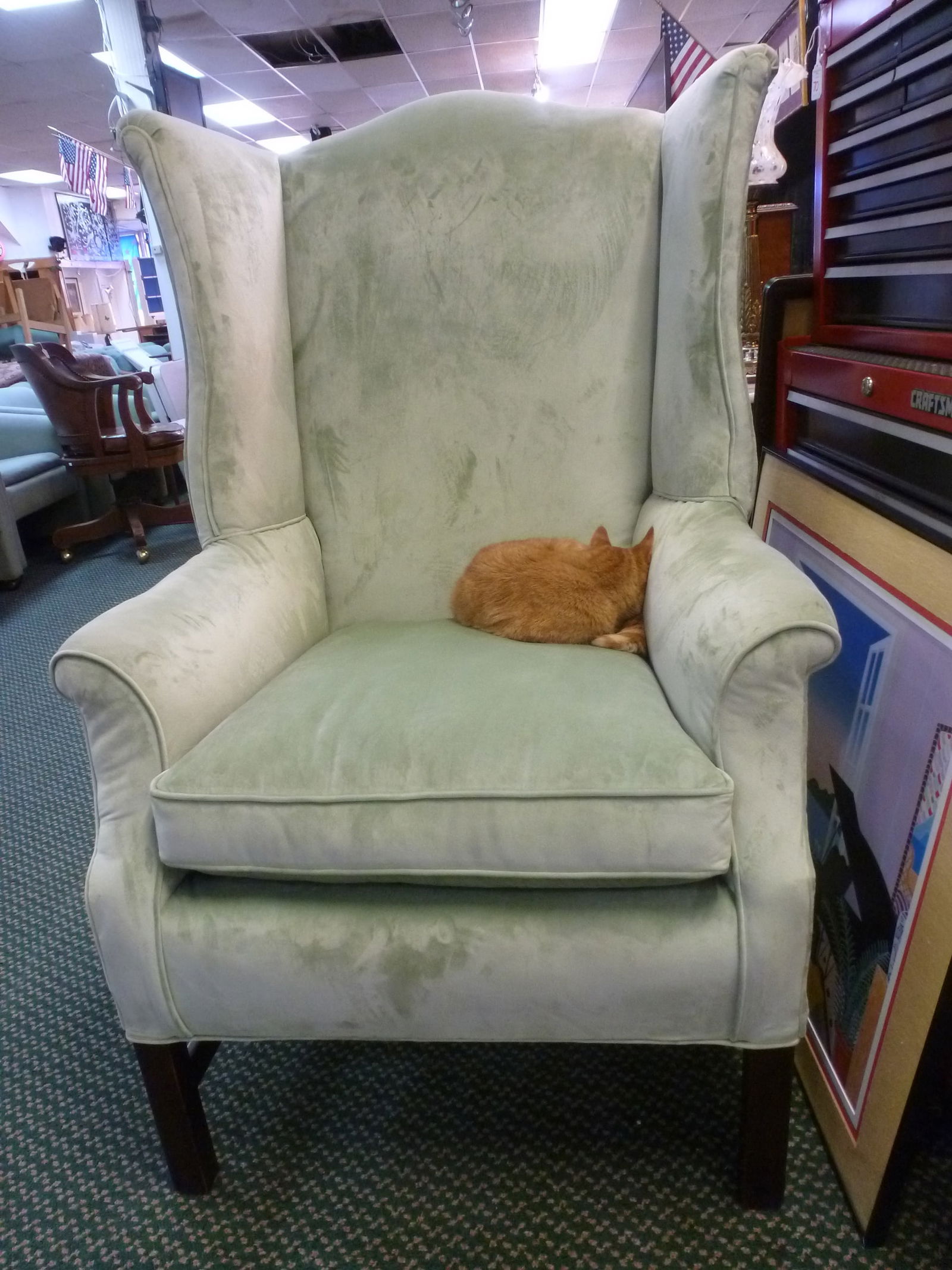 Pair of Matching Light Green Wing Back Chairs: (1 of 3)