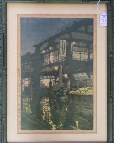 HIROSHI YOSHIDA, "Night Rain", Woodblock Print: (1 of 8)