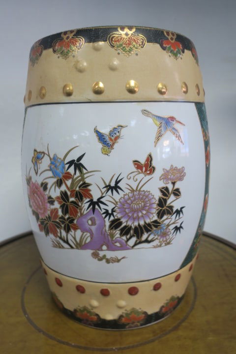 Handpainted Chinese Ceramic Garden Seat:: Handpainted Chinese Ceramic Garden Seat: Decorated with Handpainted Florals, Butterflies and Birds. Gold and Red Beads and Enamel Dots. Underside has Damaged Bottom not Visible until Turned Over. Meas