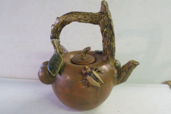 Vintage Chinese Majolica Teapot with Cicada and Plums: (1 of 5)