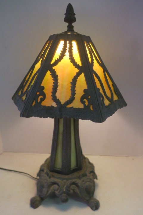 Vintage EF & EF Industries Three Way Slag Glass Lamp:: Vintage EF & EF Industries Three Way Slag Glass Lamp: Green Slag Glass and Metal Table Lamp CA 1972. Three Way Light, Top, Bottom or Both. Green Slag Glass on Shade and Pedestal with Antique Styling.