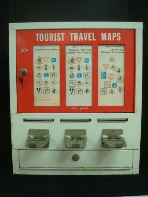 Vintage Tourist Travel Map Vending Machine: Vintage Tourist Travel Map Vending Machine: Model #4DR, Has 2 Keys, 75 Cents for Maps. In 1975 You Could Own a Machine to Put in Gas Stations, Business Lasted About 10 Years. Licensed to Owner Under N