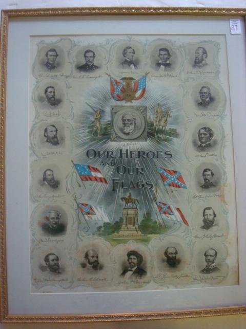 OUR HERO'S and OUR FLAGS Civil War Lithograph:: OUR HERO'S and OUR FLAGS Civil War Lithograph: 1896, Versions of Confederate Flag with Lee, Jackson and Beauregard in Center Surrounded by Army Generals. Hand Colored, From Southern Lithograph Company