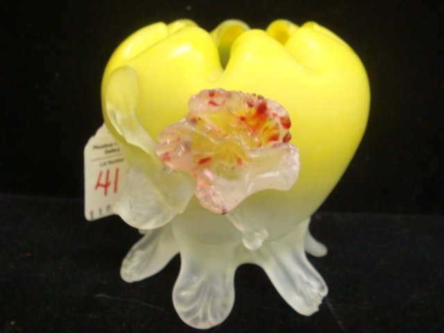 Hand-blown STEVENS and WILLIAMS Satin Glass Rose Bo: Hand-blown STEVENS and WILLIAMS Satin Glass Rose Bowl: Applied Crystal Flower, Leaves, Vine and 6 Feet (1 Chipped on Tip). Cased Satin Glass Ruffle Pleated Rim and Polished Pontil. 4"T (140-220)