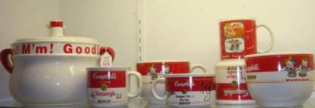 GIBSON CAMPBELL'S SOUP Tureen & Olympic Cups/Mugs: GIBSON CAMPBELL'S SOUP Tureen & Olympic Cups/Mugs: Double Handled Tureen with Ladle is 8"T, 9"D. Two 3 3/4"T Handled Soup Cups, Two 3 1/4"T Soup Mugs, 3 3/4"T Through the Seasons Mug & Souper "Stars o