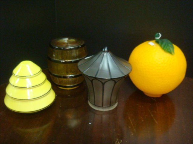 Four Unusual Glass Lamp Shades: Four Unusual Glass Lamp Shades: Art Deco Satin Shade with 12 Black Stripe Panels. Beer Barrel Amber Glass Shade. IKEA "Orange" Cased Art Glass Lamp Shade. Art Deco Yellow Glass Shade with Concentric B