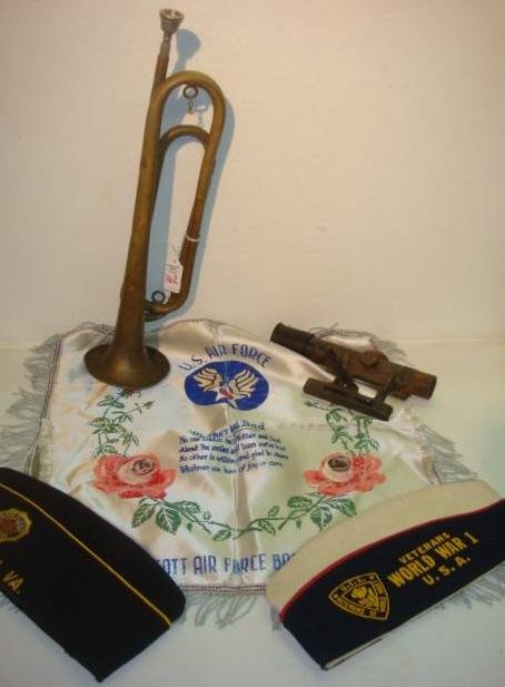 WORLD WAR TWO ITEMS LOT w/ German Direct Fire Scop: WORLD WAR TWO ITEMS LOT w/ German Direct Fire Scope: SILVERTONE "US REGULATION" Bugle, Gw ZF 4 Direct Fire Telescope, "Mother and Dad" US Air Force Satin Pillow Case from Scott Air Force Base, Oversea