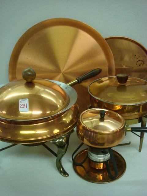 Two Copper Trays, Chafing Dishes and Fondue:: Two Copper Trays, Chafing Dishes and Fondue: 2 Round Food Warmers with Wooden Handles, Retro Fondue Pot with Teak Handle, 14" And 18" Rimmed Trays. Ae Wear (60-100)