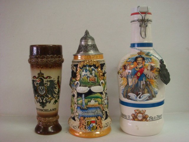 KING German Steins and Beer Bottle with Swing Cap:: KING German Steins and Beer Bottle with Swing Cap: Limited Edition 266 of 2000, King Ludwig and His Castles, 3rd in Series by Friedel Michels, Master Painter, For Busch Gardens, Williamsburg. 11"T. KI