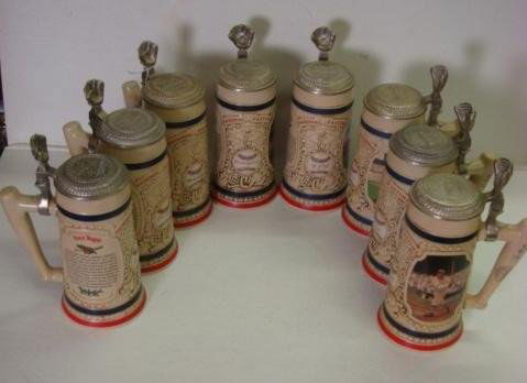 Eight BRADFORD MUSEUM Legends of Baseball Beer Ste: Eight BRADFORD MUSEUM Legends of Baseball Beer Steins: Signature Series, with Authentic Facsimile Signature of Ball Players. Includes Babe Ruth (with Card), Lou Gehrig, Cy Young, Ty Cobb, Honus Wagner