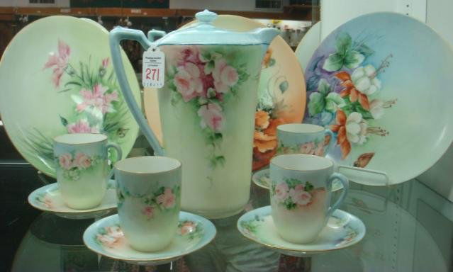 Bavarian Hand Painted Tea Set and Plates: Bavarian Hand Painted Tea Set and Plates: KPM Tea Pot is 9"T with Hand Painted Roses. 4 Matching CT Atwasser Silesia Cups and Saucers. 9"D Plates include Two Thomas Bavaria (One with Star Crack) and O