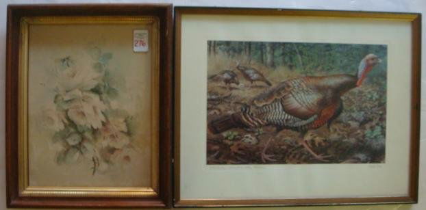 BASIL EDE Print and Floral Watercolor: BASIL EDE Print and Floral Watercolor: Ede, Listed English Wildlife Avian Artist, 1931-. Titled Wild Turkey, Done in 1982. Pencil Signed LR. 18" X 14" Overall. Spray of Florals is Unsigned, in Walnut