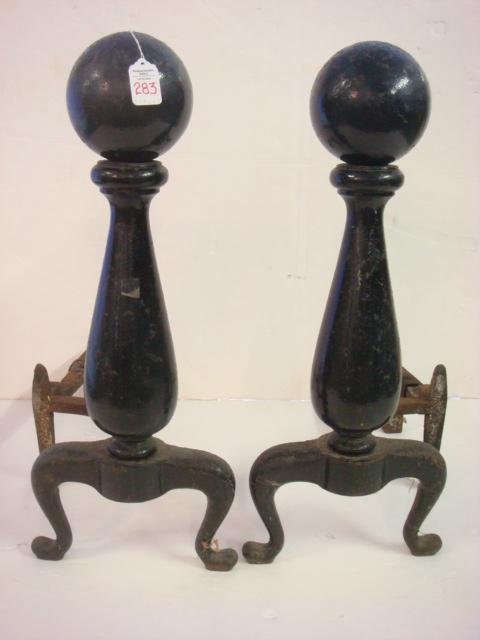 Early 20th C Cast Iron Cannonball Andirons:: Early 20th C Cast Iron Cannonball Andirons: Chippendale Style Legs, Vase Pedestal with Cannonball Top. Painted Black. Some Pitting. 24 1/2"T. (60-80)