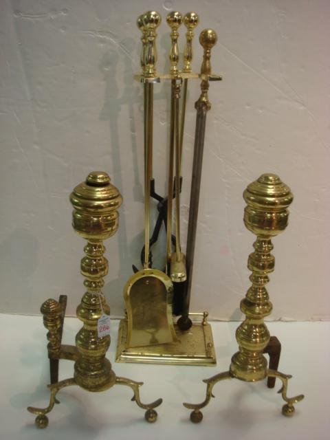 Early 19th C Brass Andirons with Fireplace Set:: Early 19th C Brass Andirons with Fireplace Set: Beehive Federal Brass Andirons have Double Spur Legs with Ball Feet. 20 1/2"T. 6 Piece Fireplace Set Includes Poker, Shovel, Brush, 2 Sets of Tongs on S