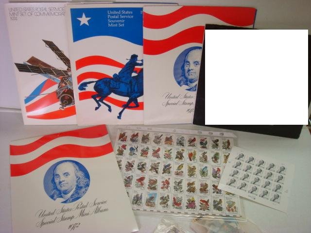Five ANNUAL US STAMP SETS, 71, 2 x 72, 73, 74 & M: Five ANNUAL US STAMP SETS, 71, 2 x 72, 73, 74 & More: 1971 Special Stamp Mini-Album, 1972 Special Stamp Mini-Album, 1973 Souvenir Mint Set, 1974 Mint Set, Sheet of 50 "STATE BIRD AND FLOWER STAMPS", U