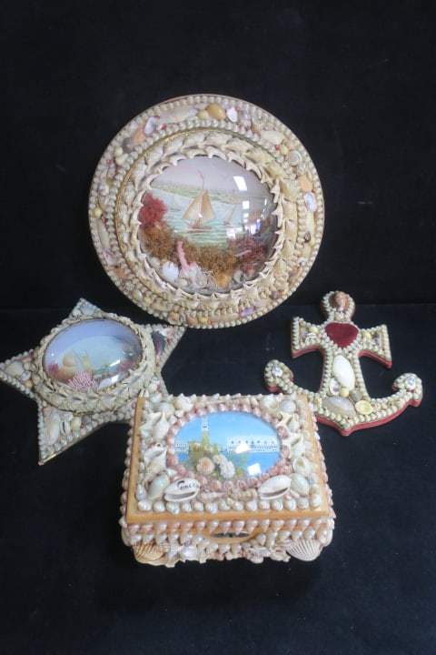 Three Vintage Sailors Valentines Plaques and Box: Large 10 3/4" Round and Star Shaped Shadowboxes have Shells, Coral and Seawood with Sailboats Print Under Convex Glass. Anchor Plaque with Red Velvet Heart and Edges is 8 1/2"T. Wooden Box with Key ha