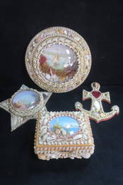 Three Vintage Sailors Valentines Plaques and Box