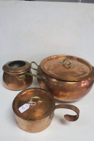 Three Hand Hammered Antique Copper Pots with Lids