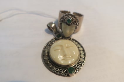 Carved Oxbone Sterling Ring and Pendant