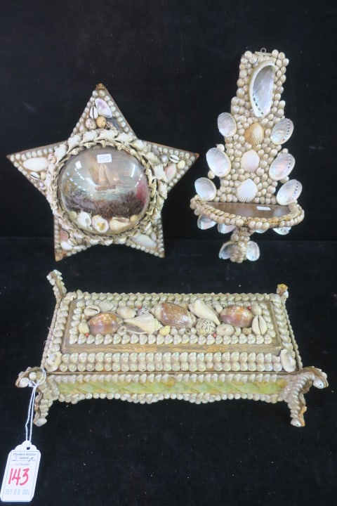 Vintage Sailors Valentine Shelf, Box and Shadowbox:: Vintage Sailors Valentine Shelf, Box and Shadowbox: Small Wooden Wall Shelf Covered in Shells is 10"T. Rectangular Lidded, Footed Box is 3"T, 5" X 10". One Finial is Broken. Regd No 270943. Star Shape