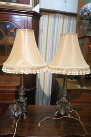 Pair of Vintage Candlestick Lamps with Silk Shades: