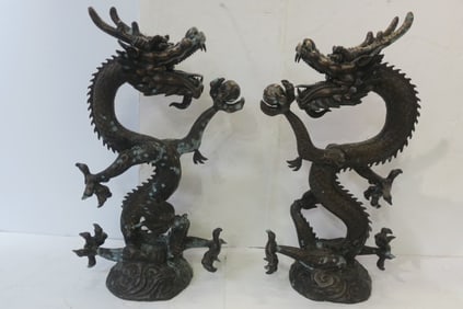 Pair of 40 1/2"T Bronze Chinese Dragons:
