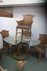 Hooker Rattan Glass Topped Dining Table, 4 Arm Chairs: