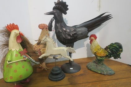 Five Decorative Chicken and Horse Figures: