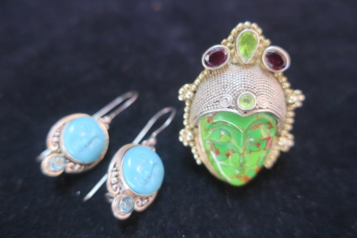 Sterling Moon Face Earrings, Pendant and Ring: (1 of 3)