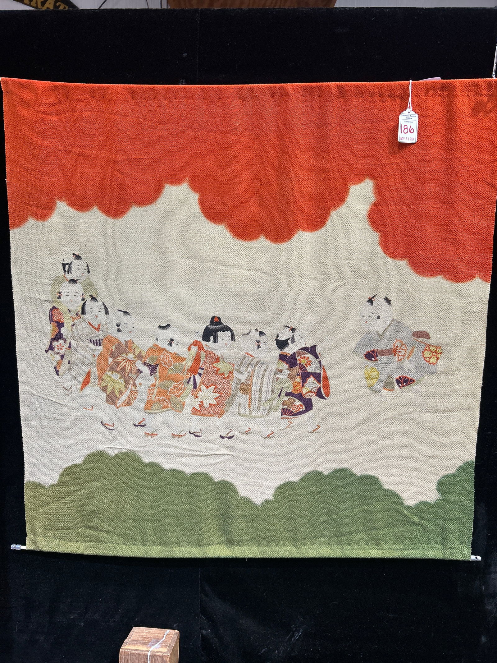 Japanese Silk Furosiki Wrapping Cloth:: 'Foo Roo She Key' is a 13th C tradition of carrying items or to wrap gifts in. Adapted to use as a wall hanging. Procession of eight individuals to see the local Kami (Shinto deity). 27" X 28".