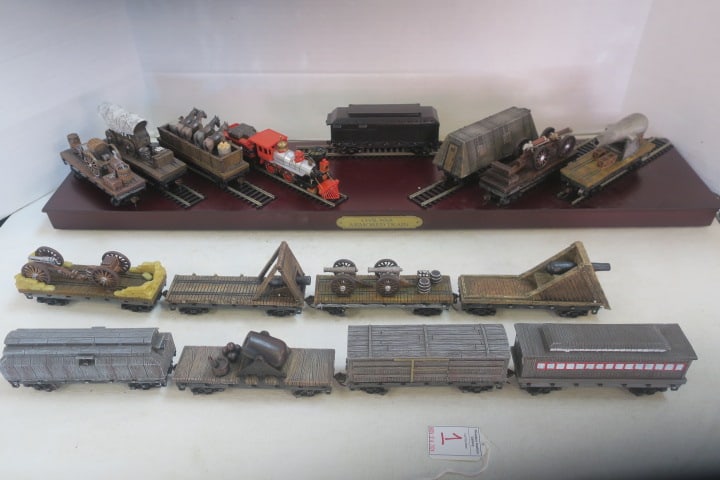 HAWTHORNE VILLAGE Civil War Trains:: 15 Cars from the Bradford Exchange. HO Scale. Cars Include Seige Gun, Parrott Car, Monitor One and Two Freight Car, Central Pacific 4-4-0 Engine and Tender, Locomotive WWII Express, Ironclad Monitor, 