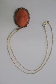 Carved Coral Cameo Pendant on 14Kt Gold Chain: