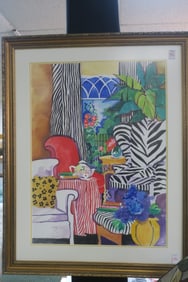 Interior Watercolor with Garden Window Signed BARNES: